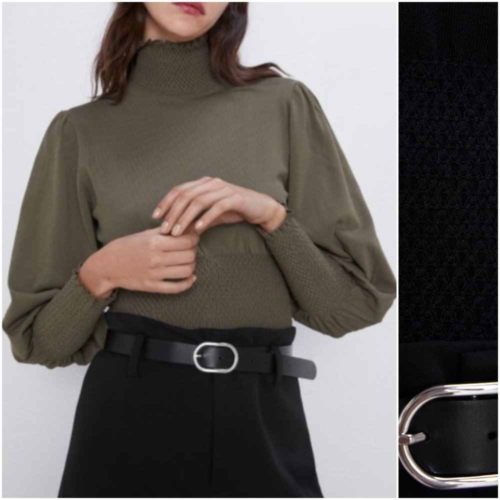 ZARA BLACK SMOCKED RIBBED THIN KNIT STRETCH SWEATER BLOUSE  WITH PUFF SLEEVE